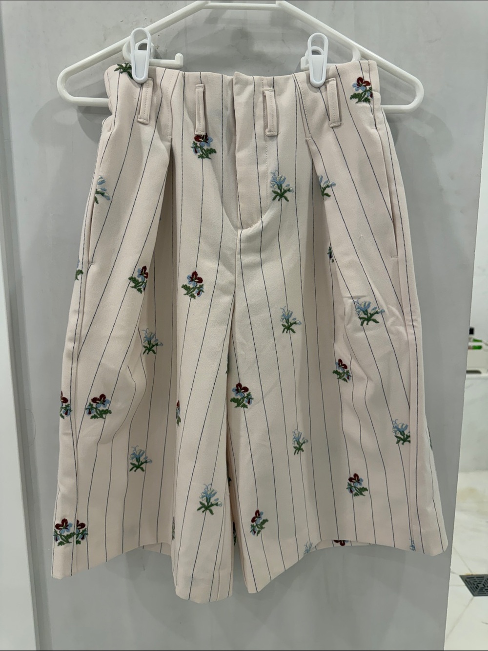 Maeve Cream Embroidered Pinstripe Bermudas